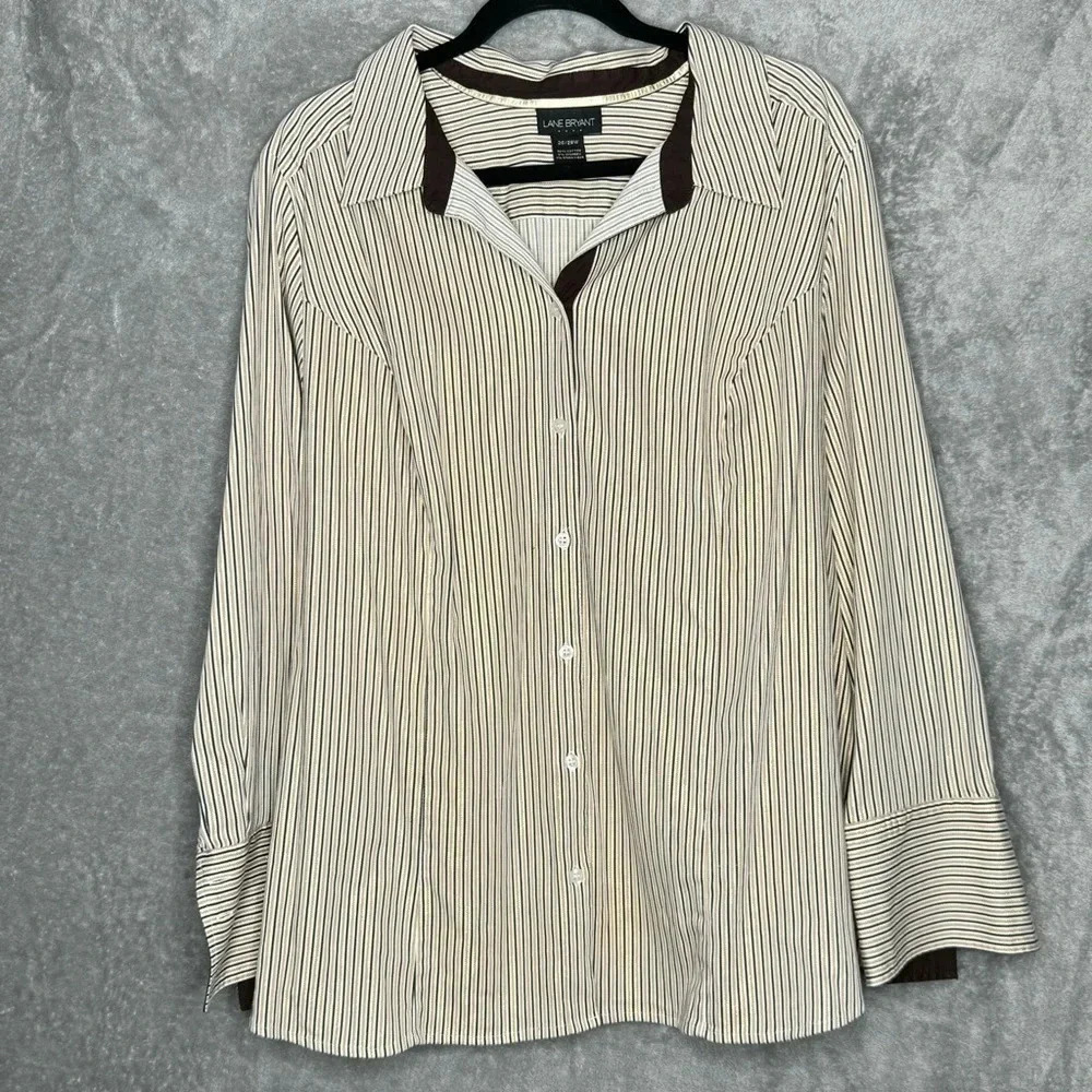 Lane Bryant 26 28W 3X Shirt Top Gold Striped Button Up Long Sleeve V Neck Cotton